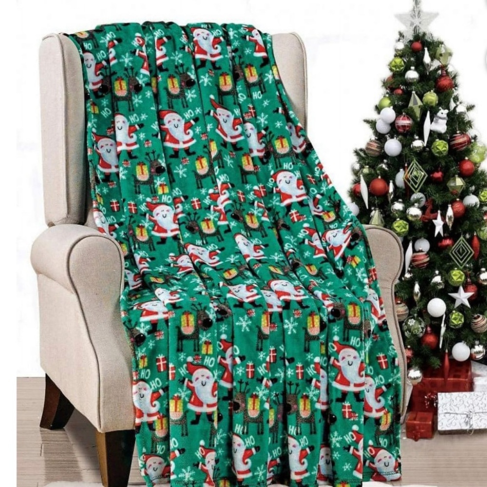 Holiday Blanket, Printed Soft Plush Throw, 50” x 60” - Green Joyful Santa